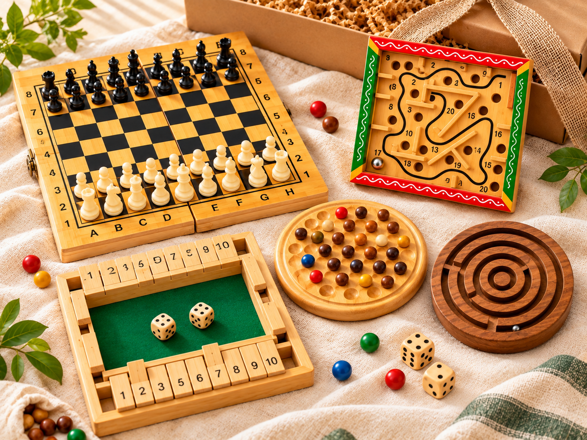 Jumbo Maama Brain Boost Box – 5-in-1 Wooden Puzzle & Strategy Game Set for Kids