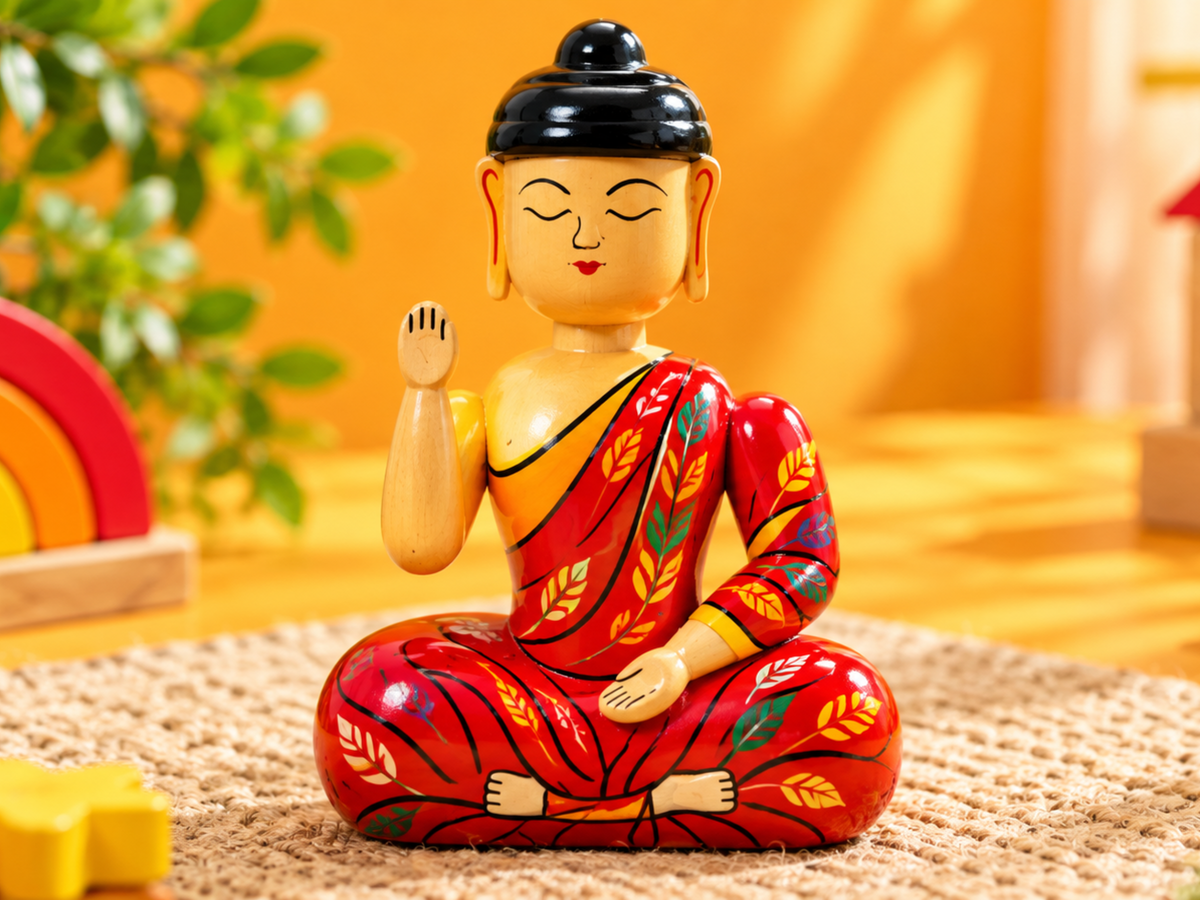 Handpainted wooden Buddha figurine in red robe with leaf motifs, seated in meditation with raised hand