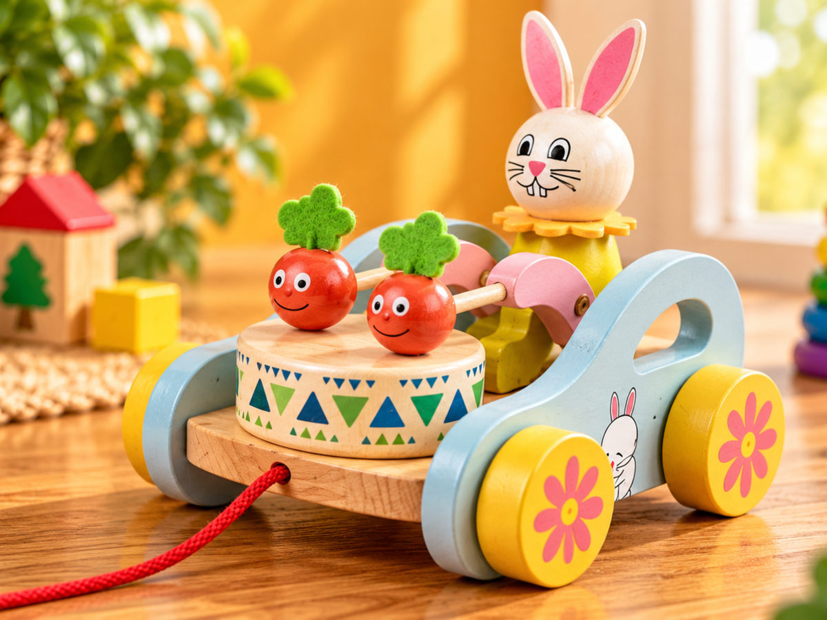 Rabbit with Drum Pull Along Toy traditional wooden toy by Jumbo Maama Toys