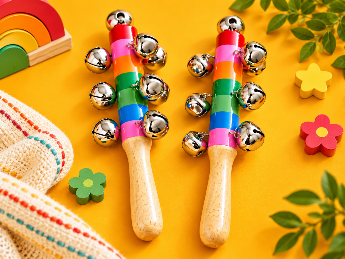 Rainbow Wooden Jingle Stick traditional wooden toy by Jumbo Maama Toys
