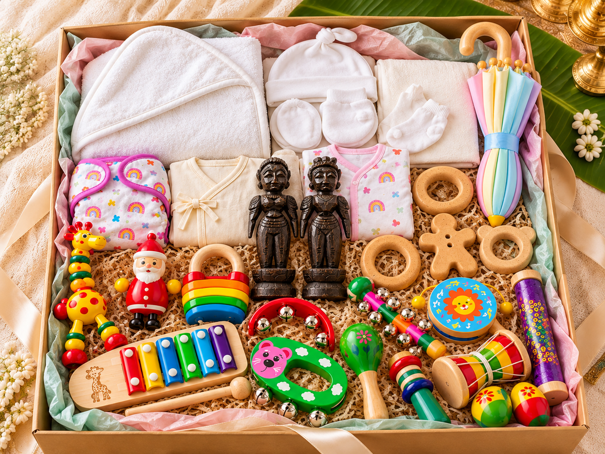 Jumbo Maama Paarambariya Box – 19-in-1 Traditional Newborn Gift Hamper with Marapachi Bommai