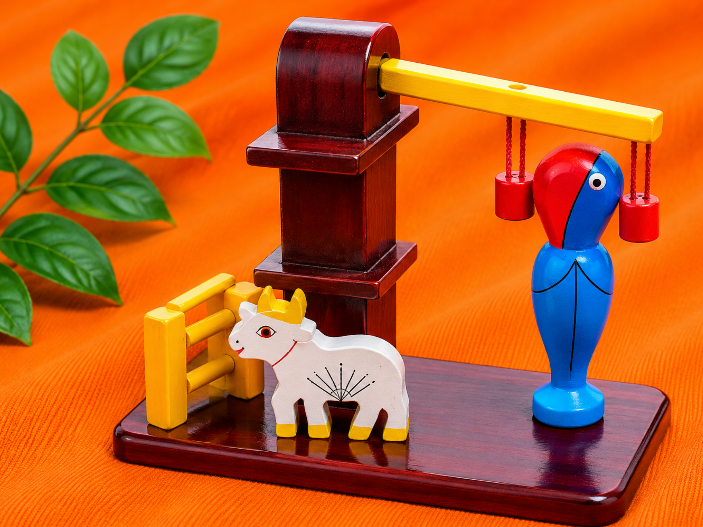 Wooden vintage figurine of mother and hand pump – handcrafted Indian heritage decor by Jumbo Maama