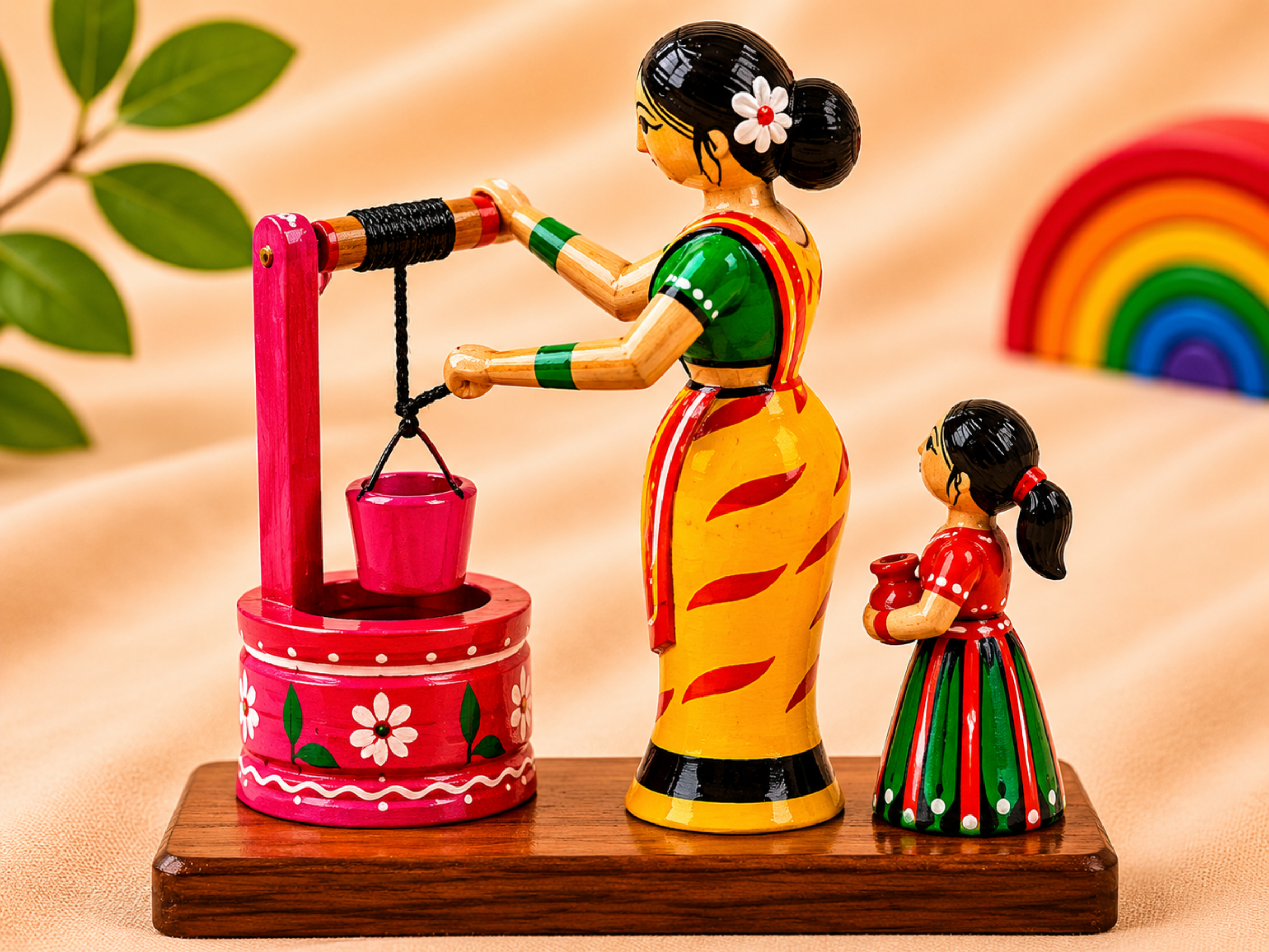 Wooden vintage figurine of mother and daughter at a well – handcrafted Indian folk art by Jumbo Maama