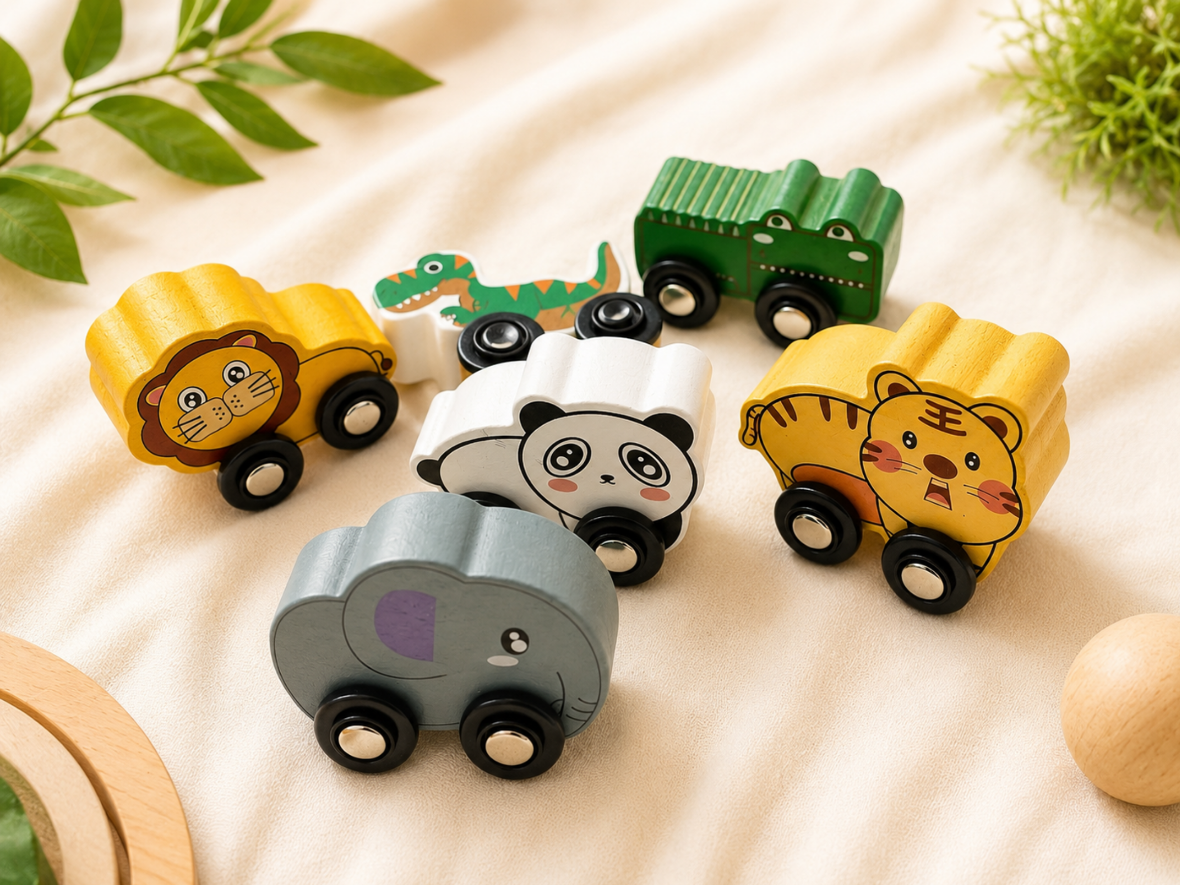 Wooden jungle animal car toy set – handcrafted eco-friendly vehicle toy for kids by Jumbo Maama