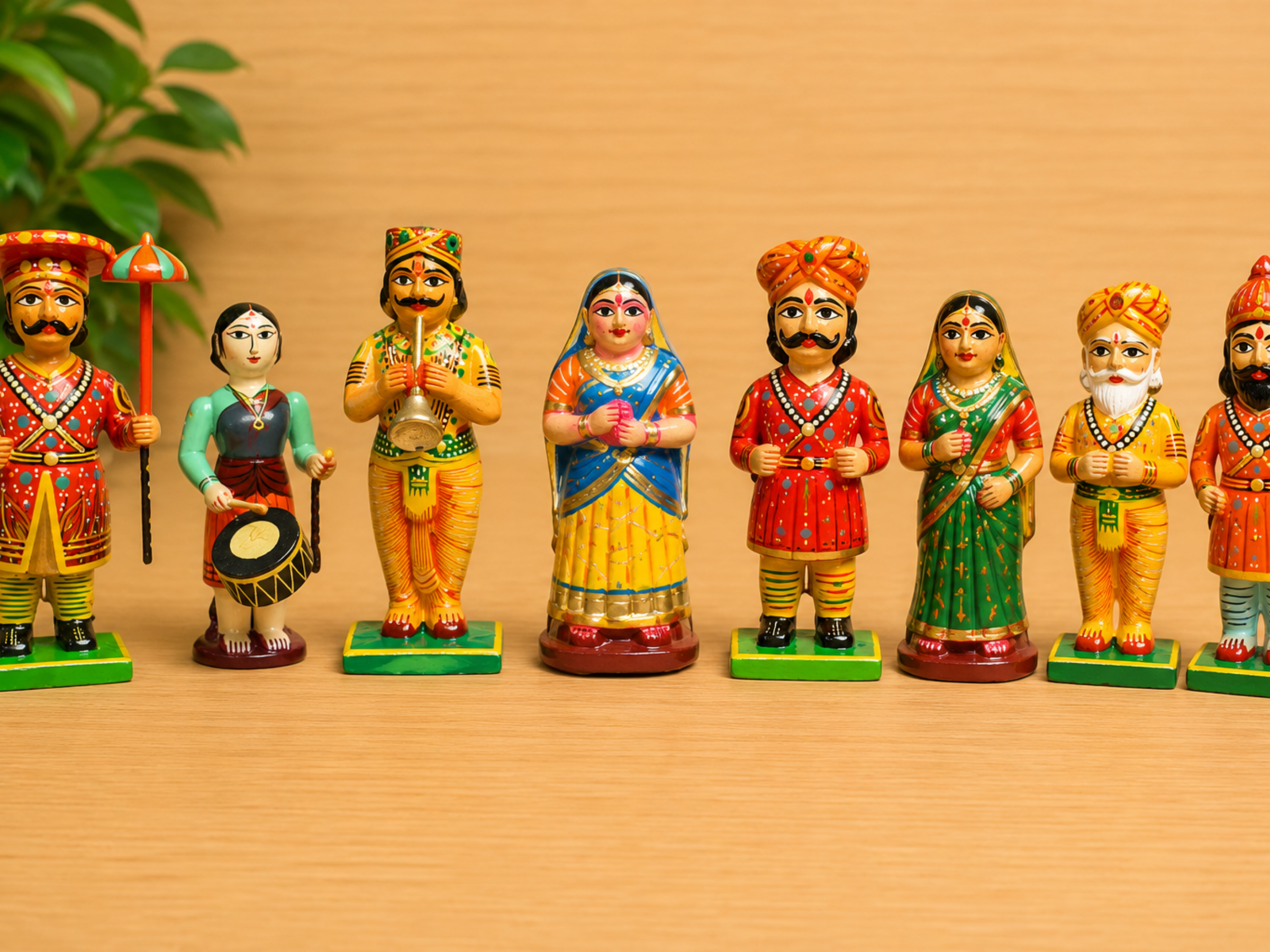 Wooden darbar court figurine set of 8 – handcrafted traditional Indian decorative toy by Jumbo Maama