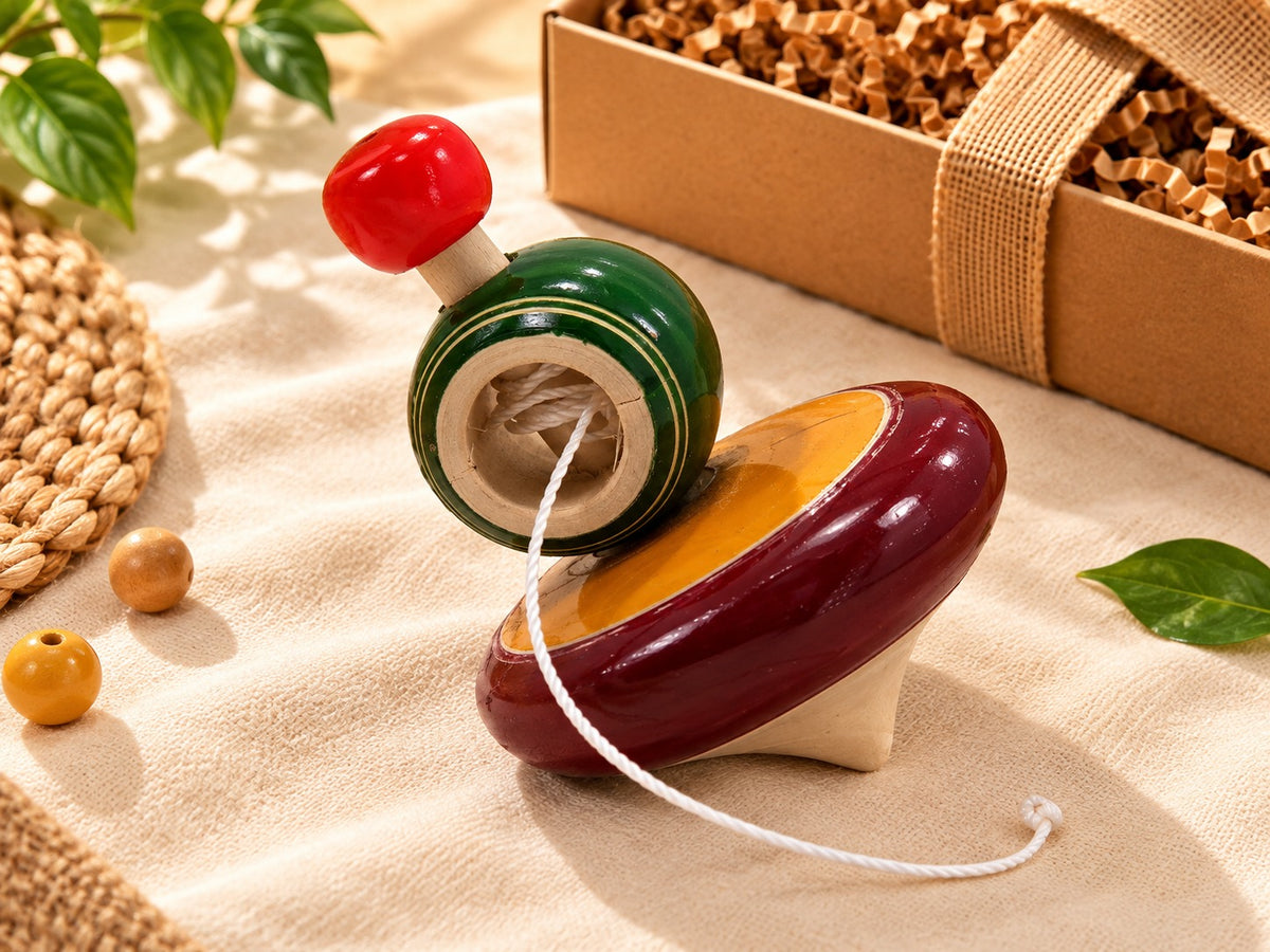 Medium size wooden spinning top with string launcher